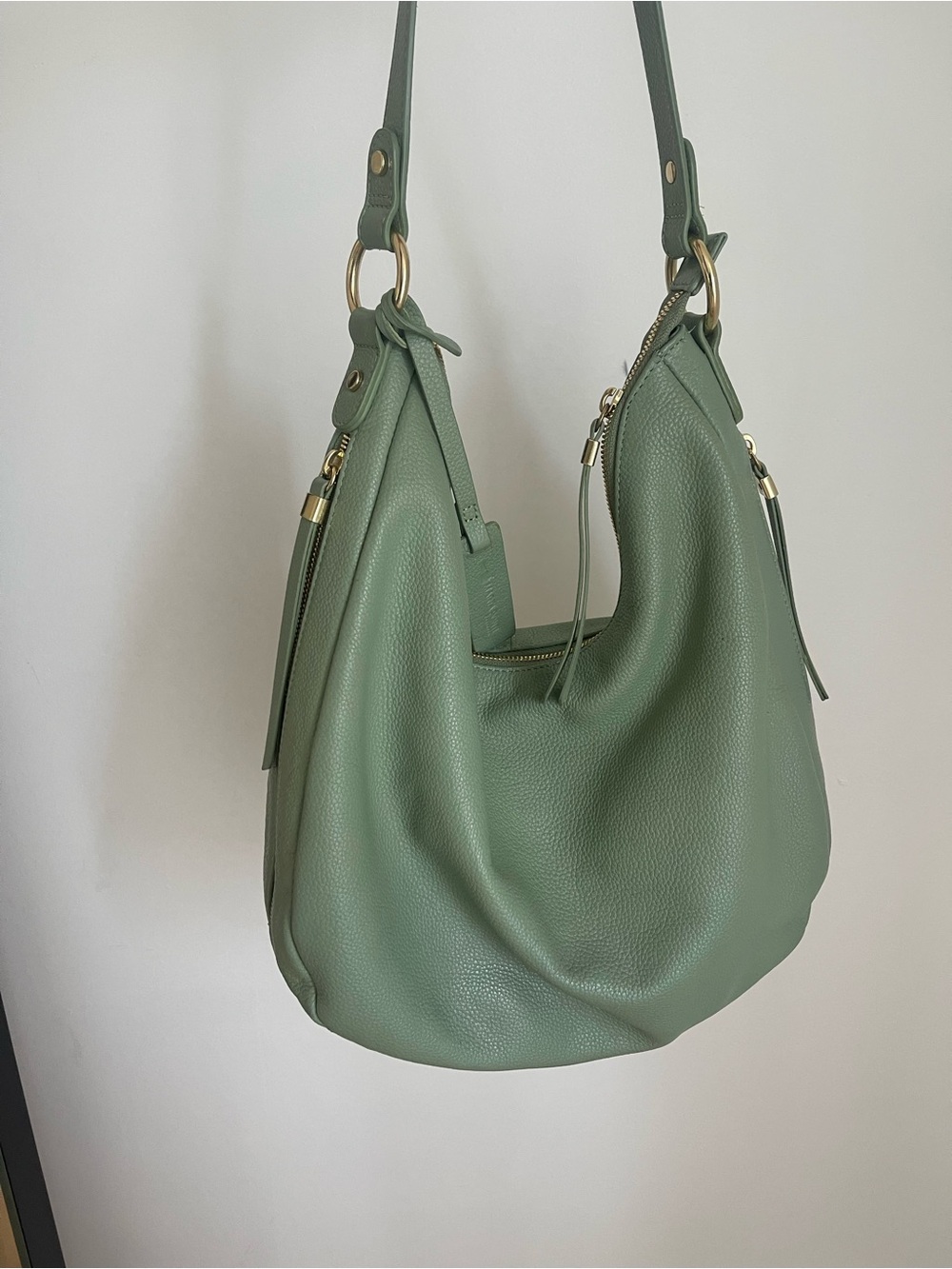 Soft Pebbled Sage Green Leather Hobo Shoulder Bag